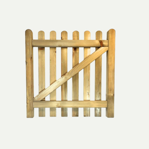 The KDM Premium Round Top Picket Gate - PPG90 features vertical slats, two horizontal beams, and a diagonal support beam in light-colored timber. This elegant pedestrian gate is shown against a plain white background.