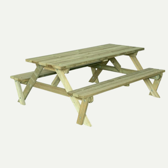 The KDM Premium A Frame Table PB180 (150cm x 180cm) is a sturdy wooden picnic table with attached benches, crafted from light-colored wood in a simple design—ideal for outdoor gatherings.
