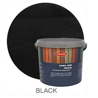A container of Protek Shed & Fence Stain- Various Colours - 5 Ltr by Protek is shown with a black color sample behind it. Perfect for garden timber staining or exterior timber treatment. The word BLACK appears below the image.