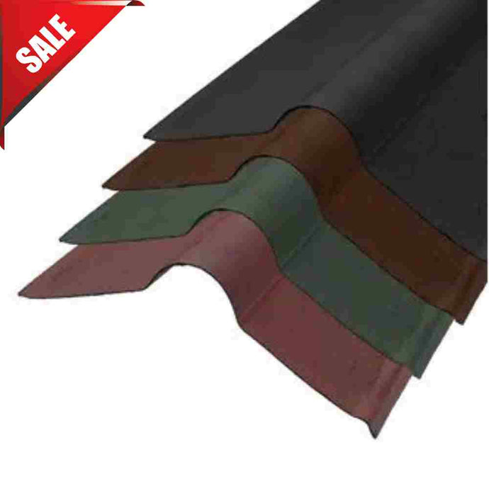 Displayed are stacks of Onduline Bitumen Roof Ridge sheets in black, brown, and green. A red triangular SALE sign is perched in the top left corner. Each sheet is backed by a dependable waterproofing guarantee for lasting protection.