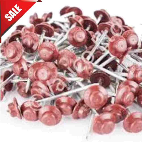 A pile of Onduline Annular Roof Nails in red with plastic washers is shown. Ideal for corrugated roofing. A SALE label appears in the top left corner on a red banner. Reduced Onduline Annular Roof Nails are available in 3 colours.