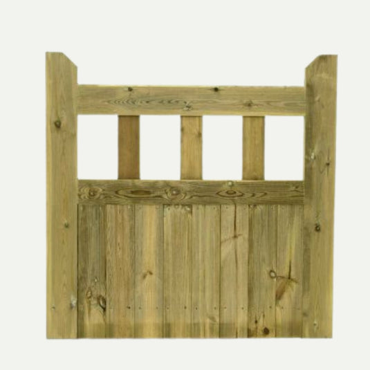The KDM Regency Euro-Gate, featuring three vertical upper slats and a solid lower panel in light wood, is shown against a plain white background.