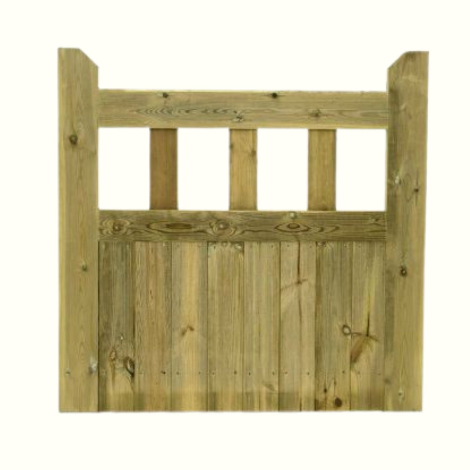 The KDM Regency Euro-Gate is a timber garden gate featuring three vertical rectangular openings at the top and solid vertical planks below, made from light-colored treated wood.