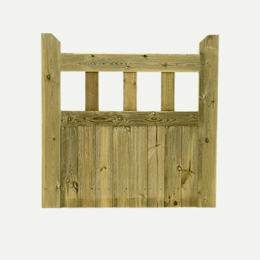 The KDM Regency Euro-Gate, featuring three vertical upper slats and a solid lower panel in light wood, is shown against a plain white background.