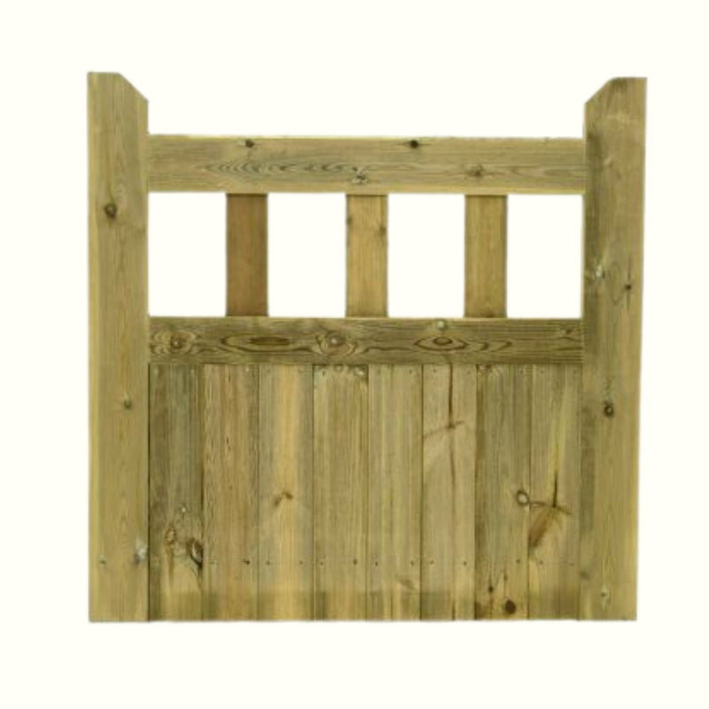 Load image into Gallery viewer, The KDM Regency Euro-Gate is a timber garden gate featuring three vertical rectangular openings at the top and solid vertical planks below, made from light-colored treated wood.
