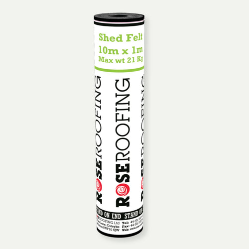 A roll of Mineral Shed Felt Roofing Roll by Bingley Fencing, ideal for use with shed roofing accessories, labeled 10m x 1m Max wt 21kg with product details in black, red, and green text on a white background.