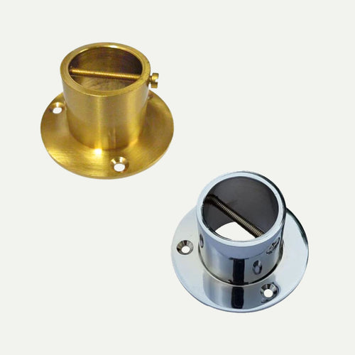Bingley Fencing Decking Rope End Caps—available in brass or chrome—feature a flat base with four screw holes, ideal for securing cylindrical rods or decking rope ends, perfect for decking projects in West Yorkshire.