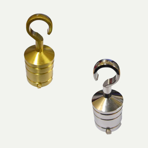 Bingley Fencing Decking Rope Hooks—Brass or Chrome finish—each with a cylindrical base and curved hook, shown on a white background. Ideal for securing jute decking rope in garden boundary systems.