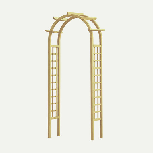 The KDM Rose Arch - RA1 features a curved top and lattice sides, ideal for supporting climbing plants or enhancing your outdoor space—perfect for any Bradford garden installation.