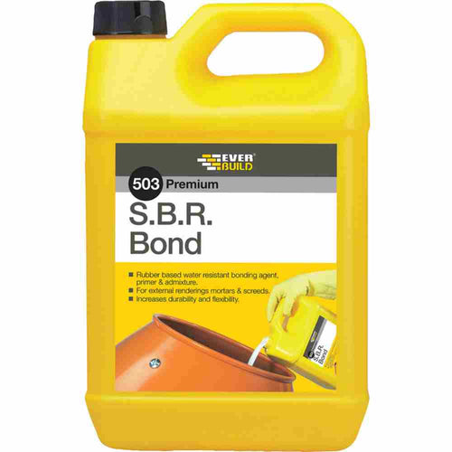 A yellow container of Bingley Fencing's Everbuild - SBR Bond- 5L with a black cap features a label that emphasizes its premium water-resistant capabilities as a bonding agent for cement and mortar. It enhances adhesion to improve durability and flexibility, and the label includes an illustration of a pouring yellow liquid.