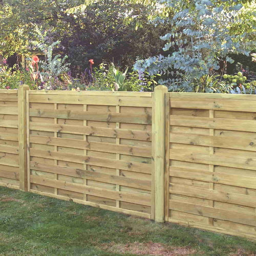 KDM Square Horizontal Fence Panels (SH) are installed on a lawn, featuring solid slats with vibrant flowers and lush green foliage in the background.