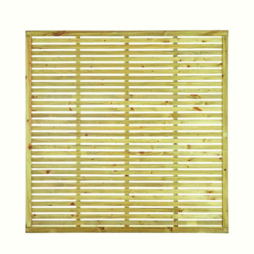 The KDM Slatted Fence Panels feature horizontal, evenly spaced slats for a see-through look. Crafted from light, pressure treated softwood with visible knots and grain, they're ideal for contemporary gardens against a plain background.