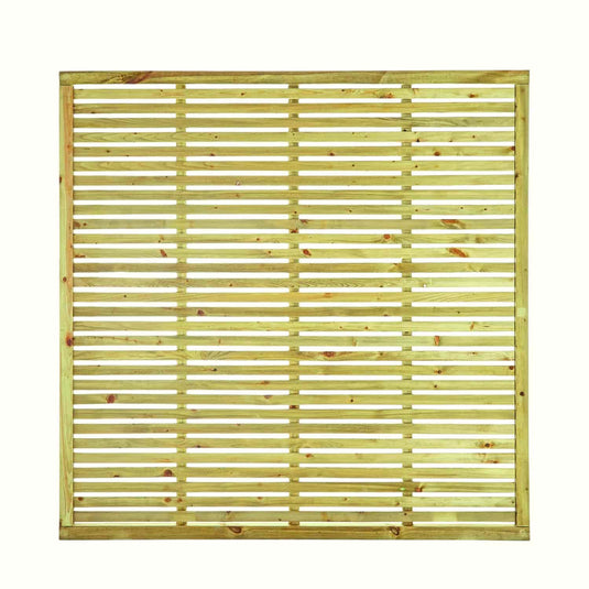 The KDM Slatted Fence Panels feature horizontal, evenly spaced slats for a see-through look. Crafted from light, pressure treated softwood with visible knots and grain, they're ideal for contemporary gardens against a plain background.