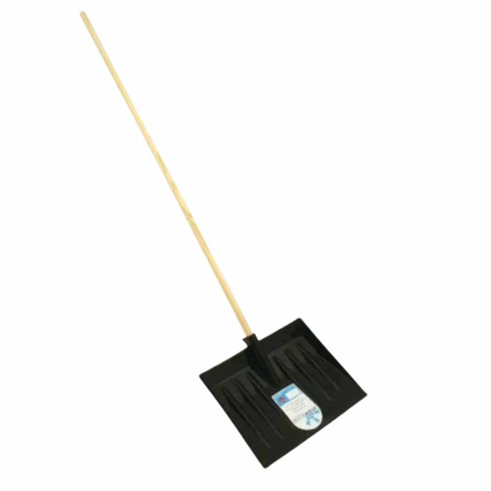 The Snow & Leaf Shovel by Bingley Fencing boasts a long wooden handle and a spacious rectangular black blade adorned with a label. Engineered for optimal performance, it's ideal for both snow removal and garden debris management. Set against a plain white background, its sleek design is accentuated.