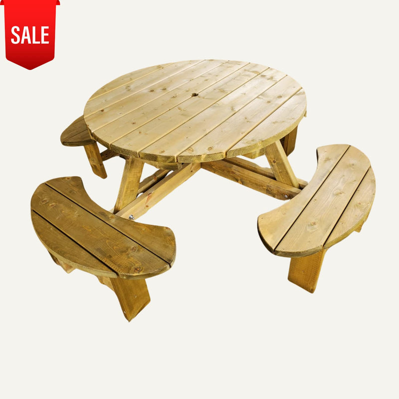 Load image into Gallery viewer, Wooden round picnic table with four benches on a white background, featuring a 'SALE' label.
