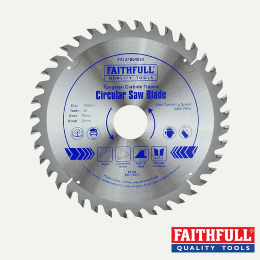 Presenting the Faithfull TCT Circular Saw Blade with a 180mm diameter, 40 teeth, and a bore of 30mm. This blade showcases the renowned Faithfull branding and technical features, offering professional quality performance with laser-cut expansion slots. Designed to operate at a maximum speed of 6000 RPM.