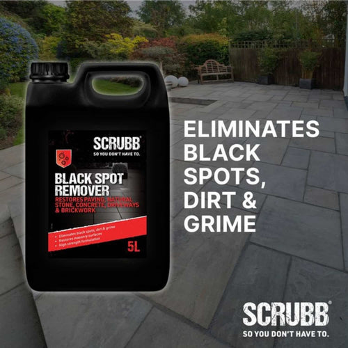 A 5L container of Bingley Fencing SCRUBB Black Spot Remover for Paving & Masonry sits on a clean stone patio, with a label highlighting its ability to remove black spots, dirt, and grime from paving, stone, driveways, and brickwork.