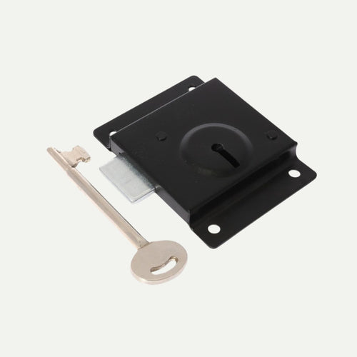 The Ironmonery Services 3" Press Lock with Key features a metal mortice lock with a rectangular black faceplate, ideal for shed doors. Includes a matching silver, round-headed key, shown beside the lock on a white background.