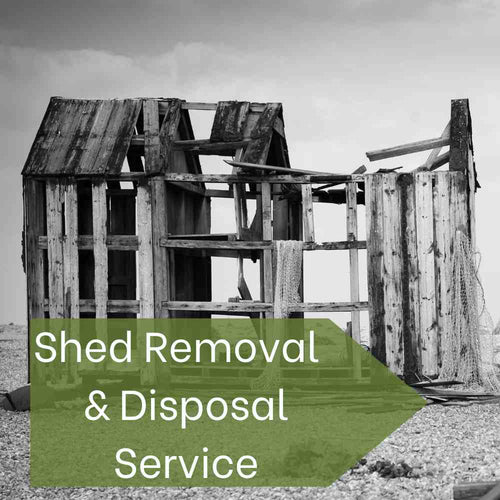 A black-and-white photo depicts a dilapidated wooden shed on a beach, with its roof partially missing and debris scattered around. A green arrow overlay displays the text 