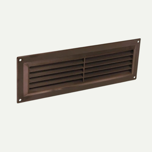 The Bingley Fencing Shed Air Vent is a rectangular brown metal louvre vent with fly screen, featuring horizontal slats and four screw holes, ideal for shed or garden building ventilation, shown against a plain white background.