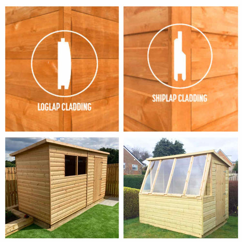 Images shows two different sheds with different cladding types. There is also annotation of the two different orofiles of cladding tyopes above each shed.
