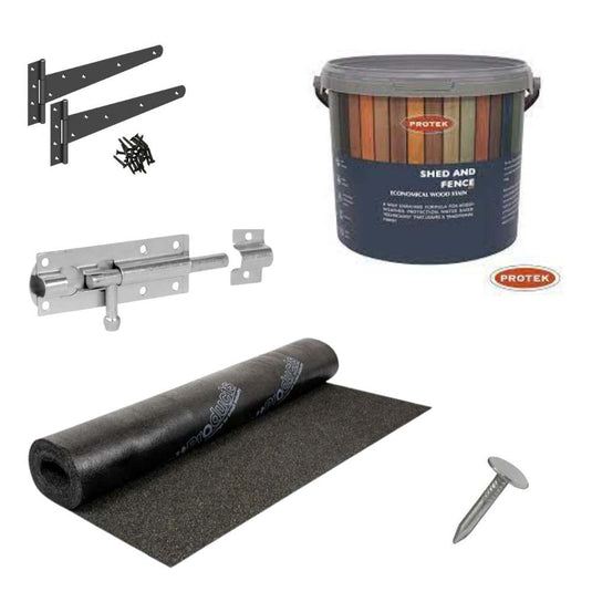 Shed maintenance products including clout nails, paint, hinges and tower bolt lock