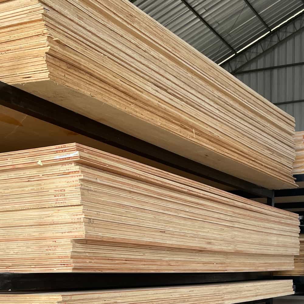 Stacks of large, flat plywood sheets are neatly arranged on shelves inside a warehouse with a metal roof, showing the smooth, layered edges of the wood.