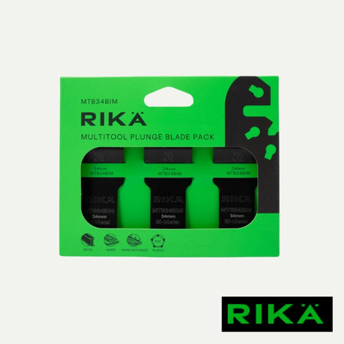 Three RIKÄ 34mm Bi-Metal Multi Tool Saw Blades from RIKA are displayed in green and black packaging, featuring M42 bi-metal blades designed for cutting metal, wood, and plastics. These multitool plunge blades offer universal quick release compatibility, with the RIKA logo in green and black located at the bottom right corner.