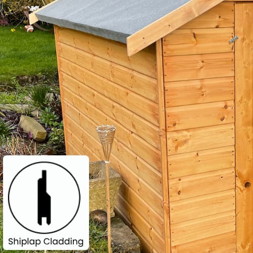 A wooden garden shed with shiplap cladding sits on grass, surrounded by plants. An icon in the corner shows a shiplap profile and the label “Shiplap Cladding.”.