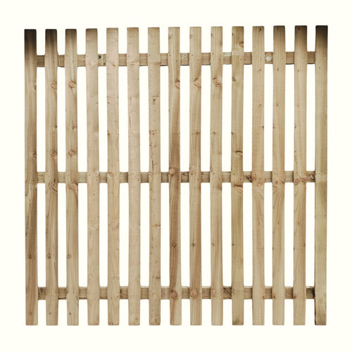 The Bingley Fencing Paling Fence Panel – Single Sided with 1 Gaps and Flat Top, features evenly spaced vertical slats and horizontal supports, ideal for garden privacy, shown against a plain white background.