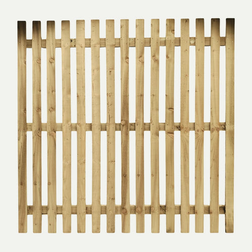 The Bingley Fencing Paling Fence Panel – Single Sided with 1 Gaps and Flat Top, features evenly spaced vertical slats and horizontal supports, ideal for garden privacy, shown against a plain white background.