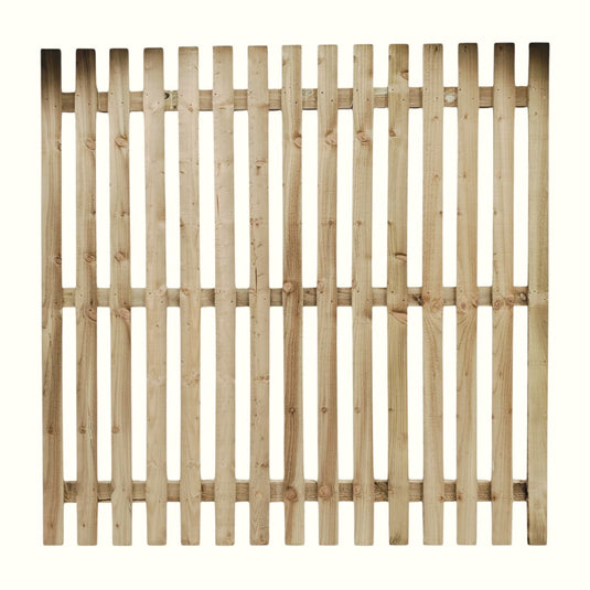 The Bingley Fencing Paling Fence Panel – Single Sided with 1 Gaps and Flat Top, features evenly spaced vertical slats and horizontal supports, ideal for garden privacy, shown against a plain white background.