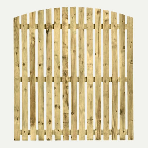 The Bingley Fencing Paling Fence Panels - Single Sided - 1 Gaps - Arched Top feature vertical slats with a natural, unfinished look and elegant curved top, perfect for made-to-measure garden fencing.