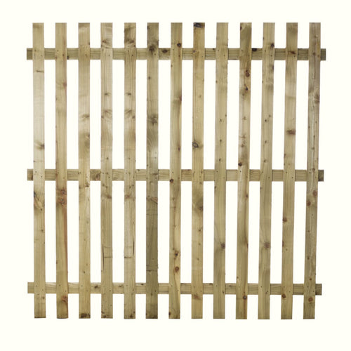 The Bingley Fencing Paling Fence Panels - Single Sided - 2 Gaps - Flat Top feature vertical slats and two horizontal supports, crafted from light pressure treated wood—perfect for easy fence installation.