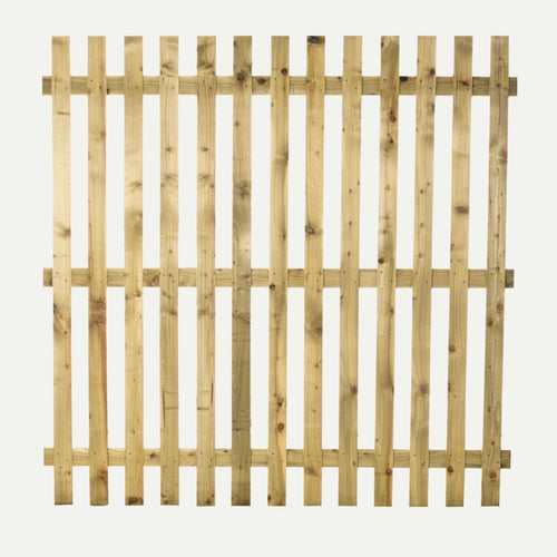The Bingley Fencing Paling Fence Panels - Single Sided - 2 Gaps - Flat Top feature vertical slats and two horizontal supports, crafted from light pressure treated wood—perfect for easy fence installation.