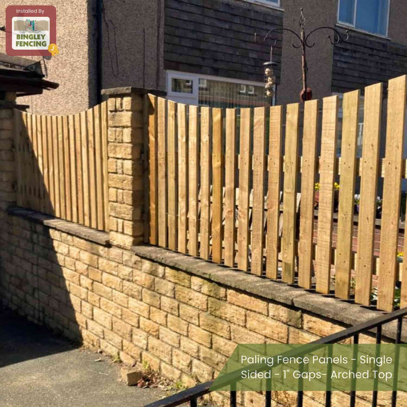 Load image into Gallery viewer, Bingley Fencing’s Paling Fence Panels - Single Sided - 1 Gaps- Flat Top, made to measure, are installed above a low brick wall outside a house and featured in the top left corner.
