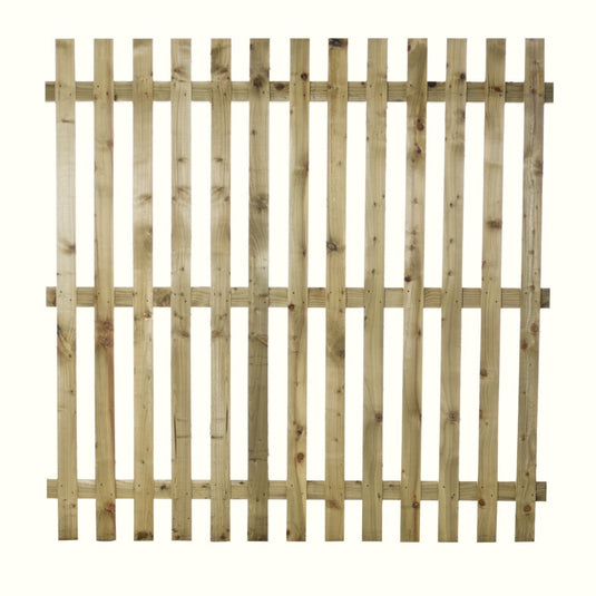 The Bingley Fencing Paling Fence Panels - Single Sided - 2 Gaps - Flat Top feature vertical slats and two horizontal supports, crafted from light pressure treated wood—perfect for easy fence installation.
