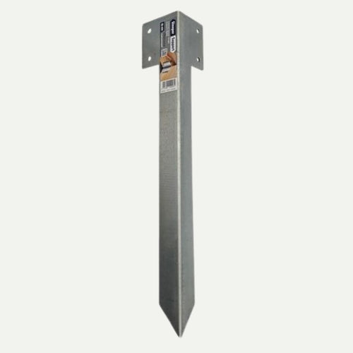 The John George Internal Corner Support Spike for Sleepers is a galvanised steel fixing with a pointed end for easy ground insertion and a flat top featuring four holes for secure post attachment.