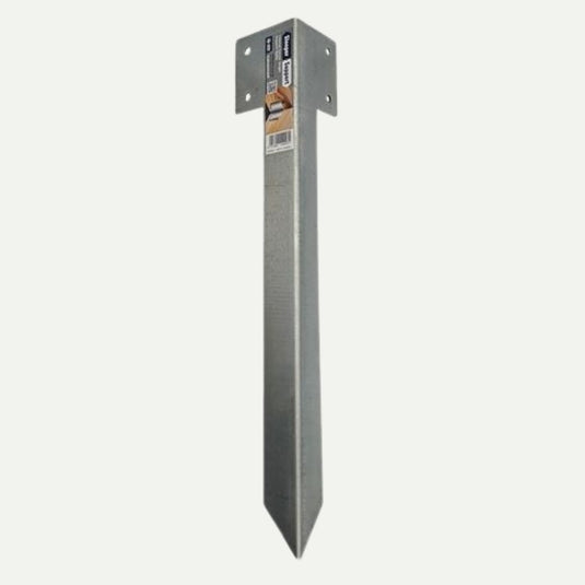 The John George Internal Corner Support Spike for Sleepers is a galvanised steel fixing with a pointed end for easy ground insertion and a flat top featuring four holes for secure post attachment.