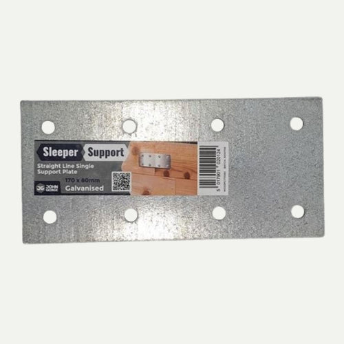 The John George Sleeper Support Plate for Timber Sleepers is a galvanised steel rectangular plate (170 x 80mm) with eight holes and a size label, shown joining timber sleepers in the provided reference image.