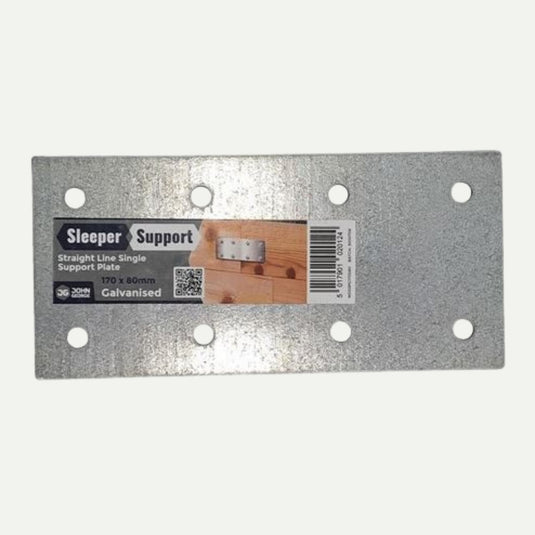 The John George Sleeper Support Plate for Timber Sleepers is a galvanised steel rectangular plate (170 x 80mm) with eight holes and a size label, shown joining timber sleepers in the provided reference image.