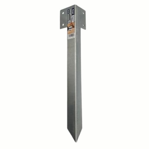A metal post anchor stake with a pointed end for driving into the ground and a square bracket at the top with screw holes for securing a wooden post. A product label is attached near the bracket.