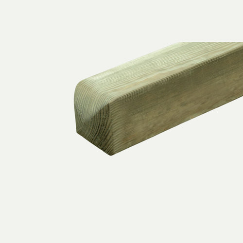 A close-up of a KDM Smooth Planed - 4x4 (90mm x 90mm) European Post with a rounded top corner, isolated on white, highlights the grain and texture of the wood, showcasing its natural appearance.