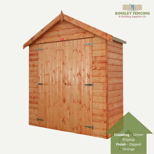 The Space Saver Shed by Bingley Fencing features double doors, a pitched roof, and is made from 12mm shiplap cladding with a dipped orange finish. Its perfect for garden storage and displays the logo Bingley Fencing & Building Supplies Ltd in the top right corner.
