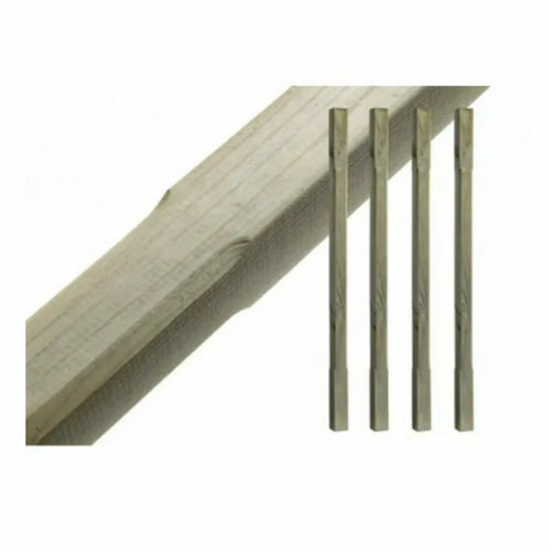 Four wooden fence posts are shown standing upright with one post shown diagonally in detail on the left. The posts are light-colored, rectangular, and have notched or pointed ends.
