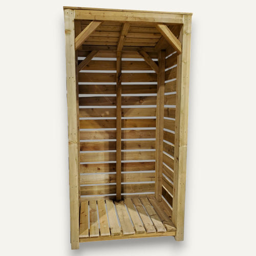 The Bingley Fencing Tall Log Store, designed for outdoor use, features a slatted back and base. Made from pressure-treated light brown timber with a peaked roof and open front for easy access, its rough sawn timbers lend rustic charm to this durable storage solution.