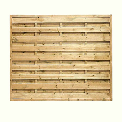 The KDM Square Horizontal Fence Panel (SH) features solid horizontal slats in a staggered pattern with a natural wood finish and visible grain, set against a plain, light-colored background.