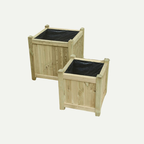 The KDM European Square Planters - SQP come in two sizes, each with a natural wood finish, four sturdy corner posts, and a black liner inside.