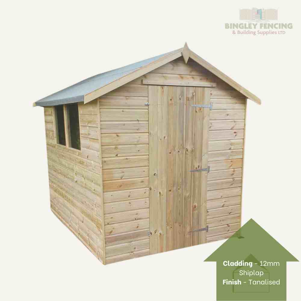 Introducing the Shed - Apex Roof by Bingley Fencing: This wooden garden shed features shiplap cladding and a tanalised finish. It comes with a sloped roof, a large front door, and two windows on one side. Bingley Fencing offers customization options and an installation service, all prominently marked with their logo in the top right corner.