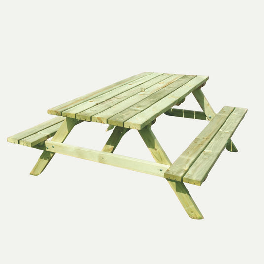The KDM Standard - A Frame Table SPB180 (160cm x 180cm) features attached benches on both sides, crafted from light-colored wood—ideal for outdoor dining and shown against a plain white background.